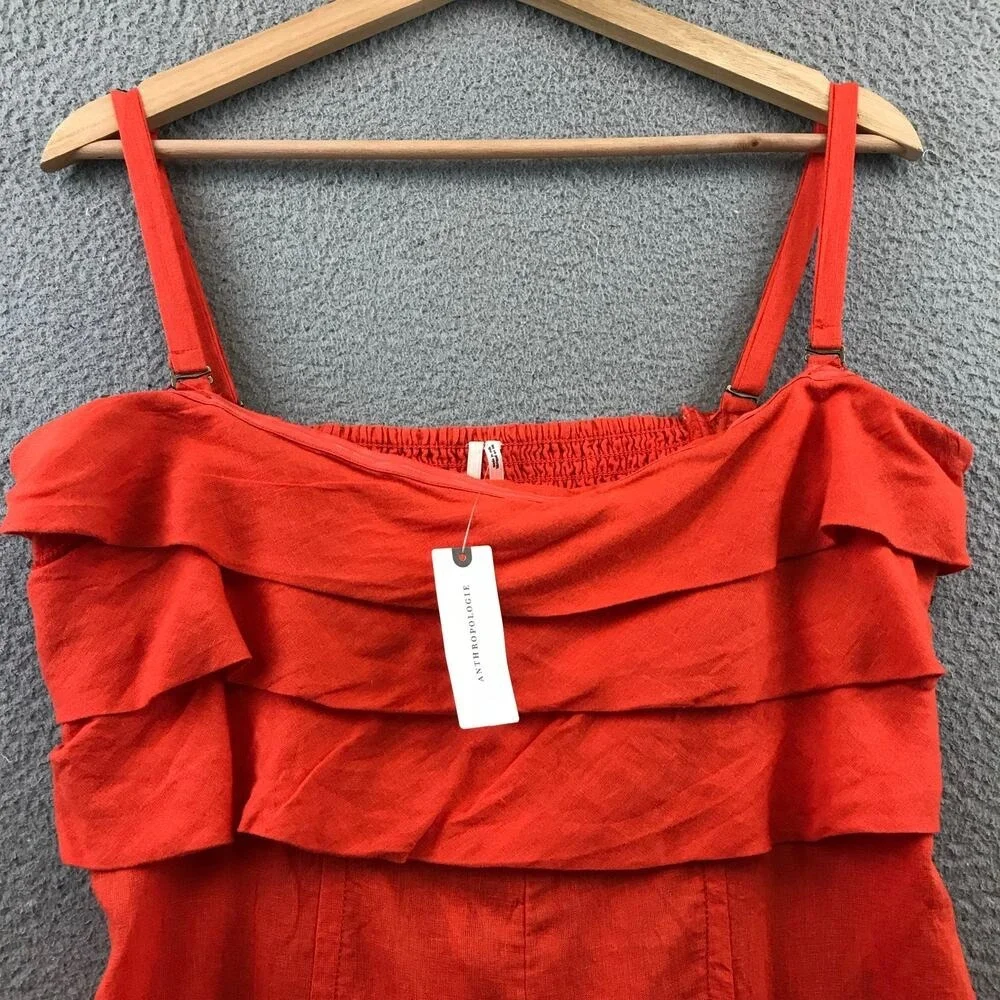 NWT Anthropologie Sz M Orange Tiered Ruffle Smocked Linen Side Pocket Romper